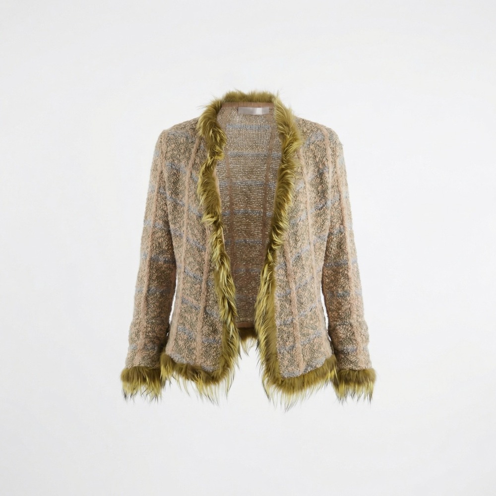 Lil Pour‎ L'Autre Cape Womens 44 Beige Wool Mohair Fox Fur Trim Check Knit